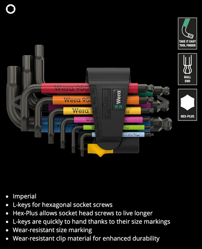 WERA 950/9 Hex-Plus Multicolour Imperial 3 L-key set, imperial, BlackLaser, 9 pieces